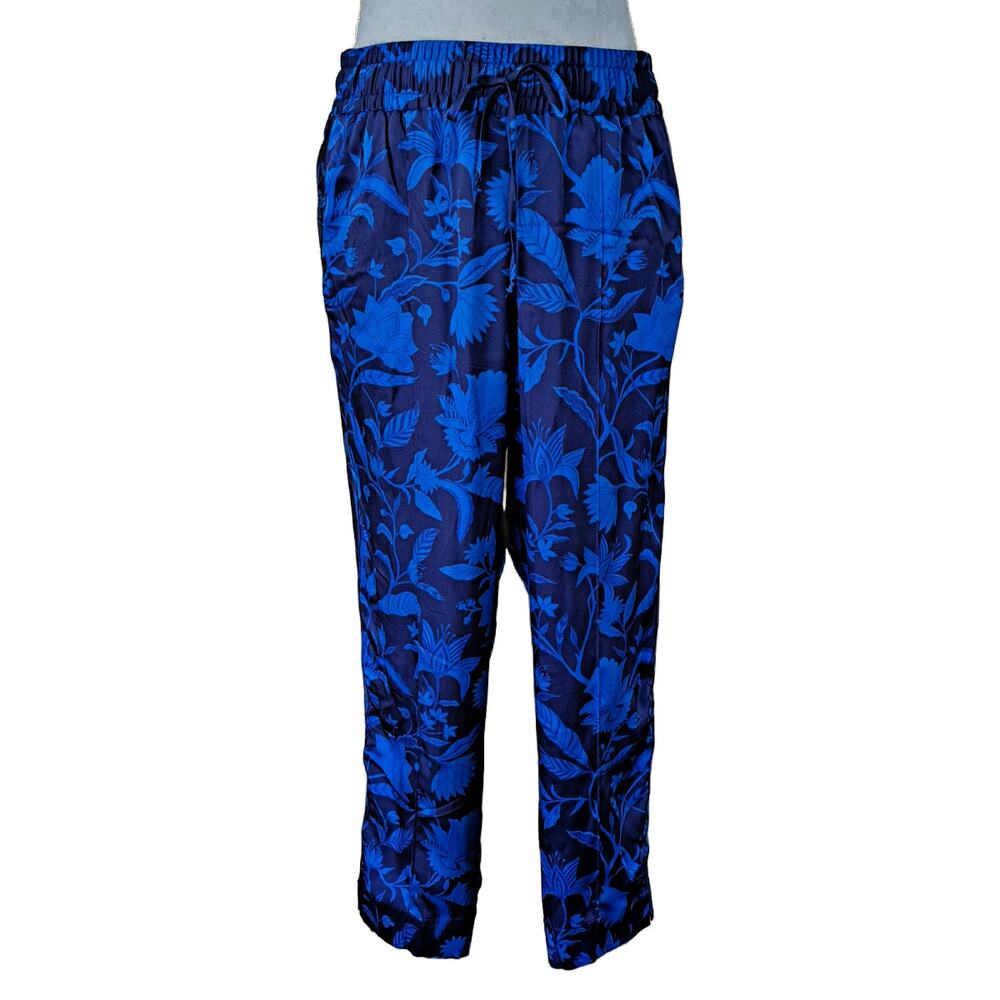 TUCKER Julia Silk Stretch Charmeuse Pants Medium Blue Navy Floral MSRP $265